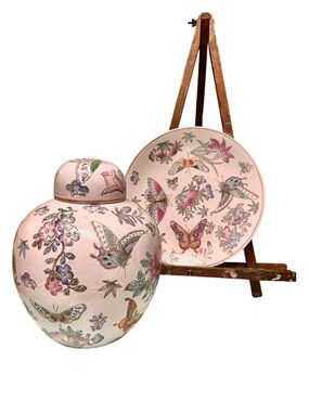 Vintage Asian Ginger Jar W/ Lid & Plate Flowers Butterfly Porcelain Chinese